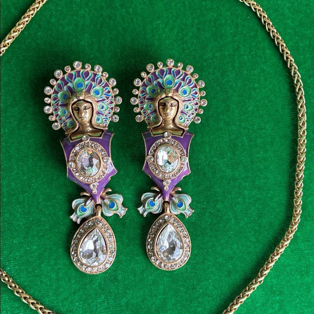 NEW Art Noveau Juno & peacocks signed HEIDIK9 set of necklace/earrings goldtone - Picture 15 of 16